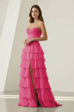 Pink Sweetheart Chiffon Ruffled A Line Formal Prom Dresses With Appliques