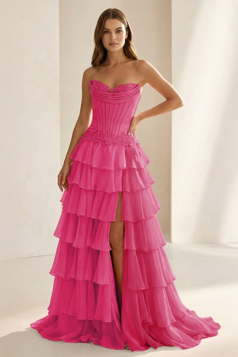Pink Sweetheart Chiffon Ruffled A Line Formal Prom Dresses With Appliques