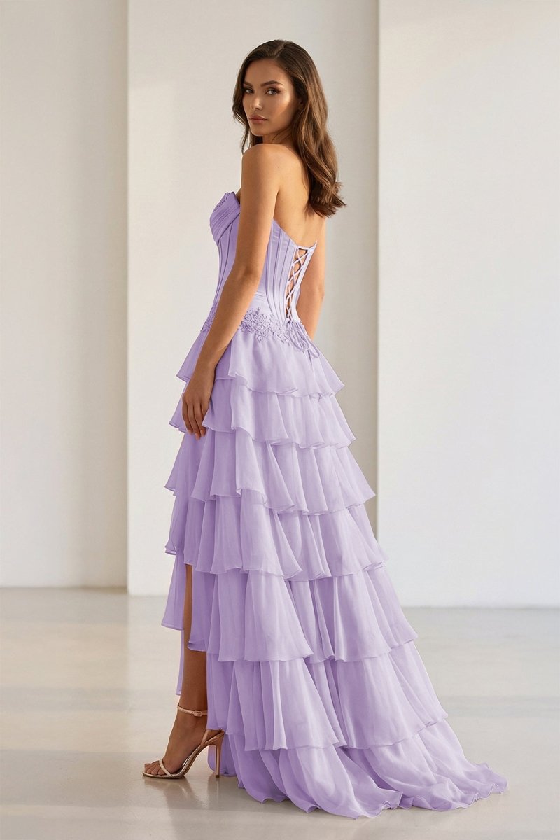 Pink Sweetheart Chiffon Ruffled A Line Formal Prom Dresses With Appliques