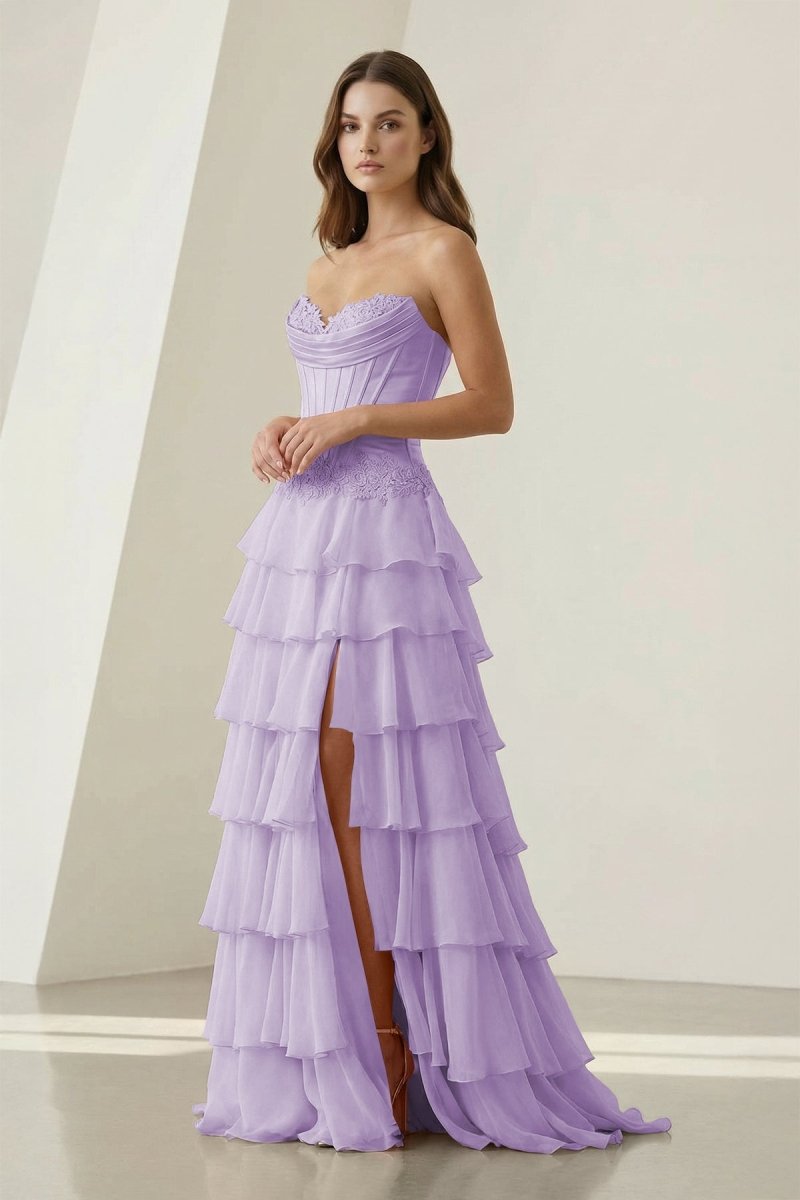 Pink Sweetheart Chiffon Ruffled A Line Formal Prom Dresses With Appliques