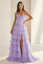 Pink Sweetheart Chiffon Ruffled A Line Formal Prom Dresses With Appliques