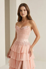 Pink Sweetheart Chiffon Ruffled A Line Formal Prom Dresses With Appliques
