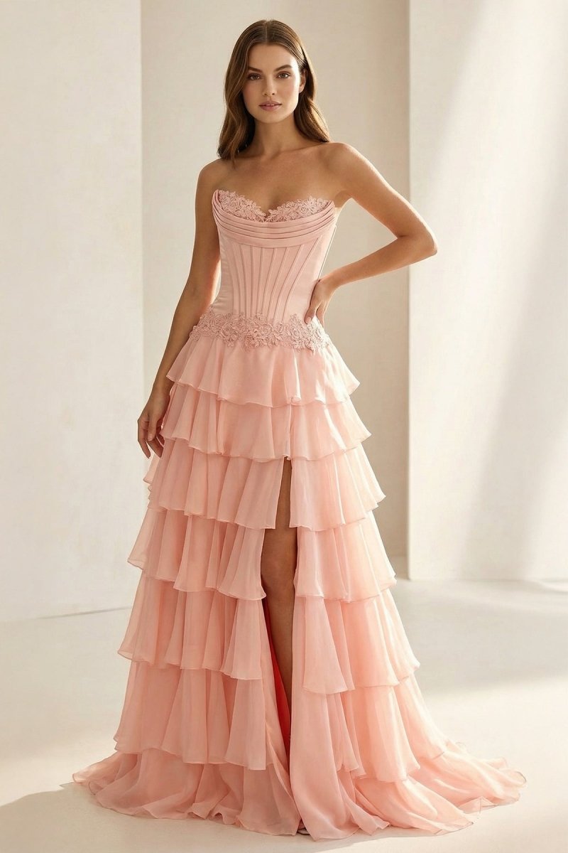 Pink Sweetheart Chiffon Ruffled A Line Formal Prom Dresses With Appliques