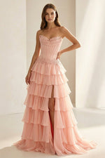Pink Sweetheart Chiffon Ruffled A Line Formal Prom Dresses With Appliques