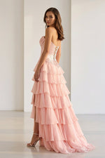 Pink Sweetheart Chiffon Ruffled A Line Formal Prom Dresses With Appliques