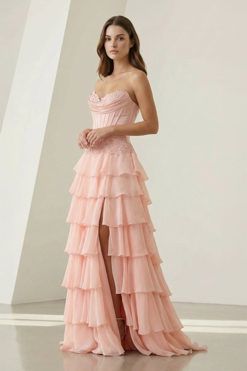 Pink Sweetheart Chiffon Ruffled A Line Formal Prom Dresses With Appliques