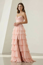 Pink Sweetheart Chiffon Ruffled A Line Formal Prom Dresses With Appliques