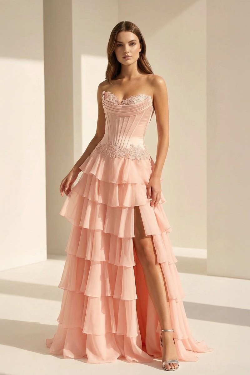 Pink Sweetheart Chiffon Ruffled A Line Formal Prom Dresses With Appliques