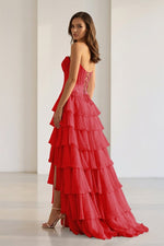 Pink Sweetheart Chiffon Ruffled A Line Formal Prom Dresses With Appliques