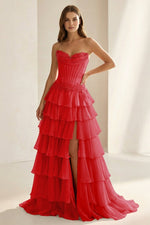 Pink Sweetheart Chiffon Ruffled A Line Formal Prom Dresses With Appliques
