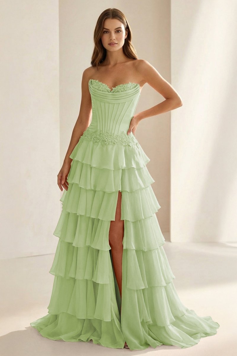 Pink Sweetheart Chiffon Ruffled A Line Formal Prom Dresses With Appliques