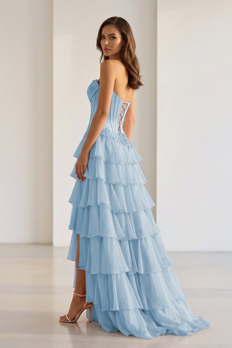Pink Sweetheart Chiffon Ruffled A Line Formal Prom Dresses With Appliques
