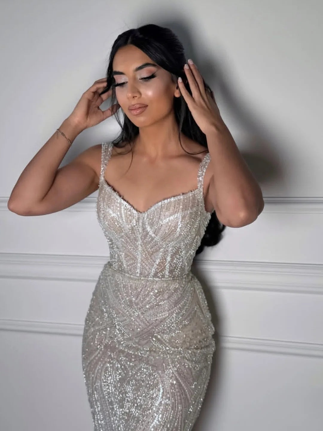 Sleeveless Spaghetti Straps Sequins Sparkle Mermaid Wedding Dress Floor-Length