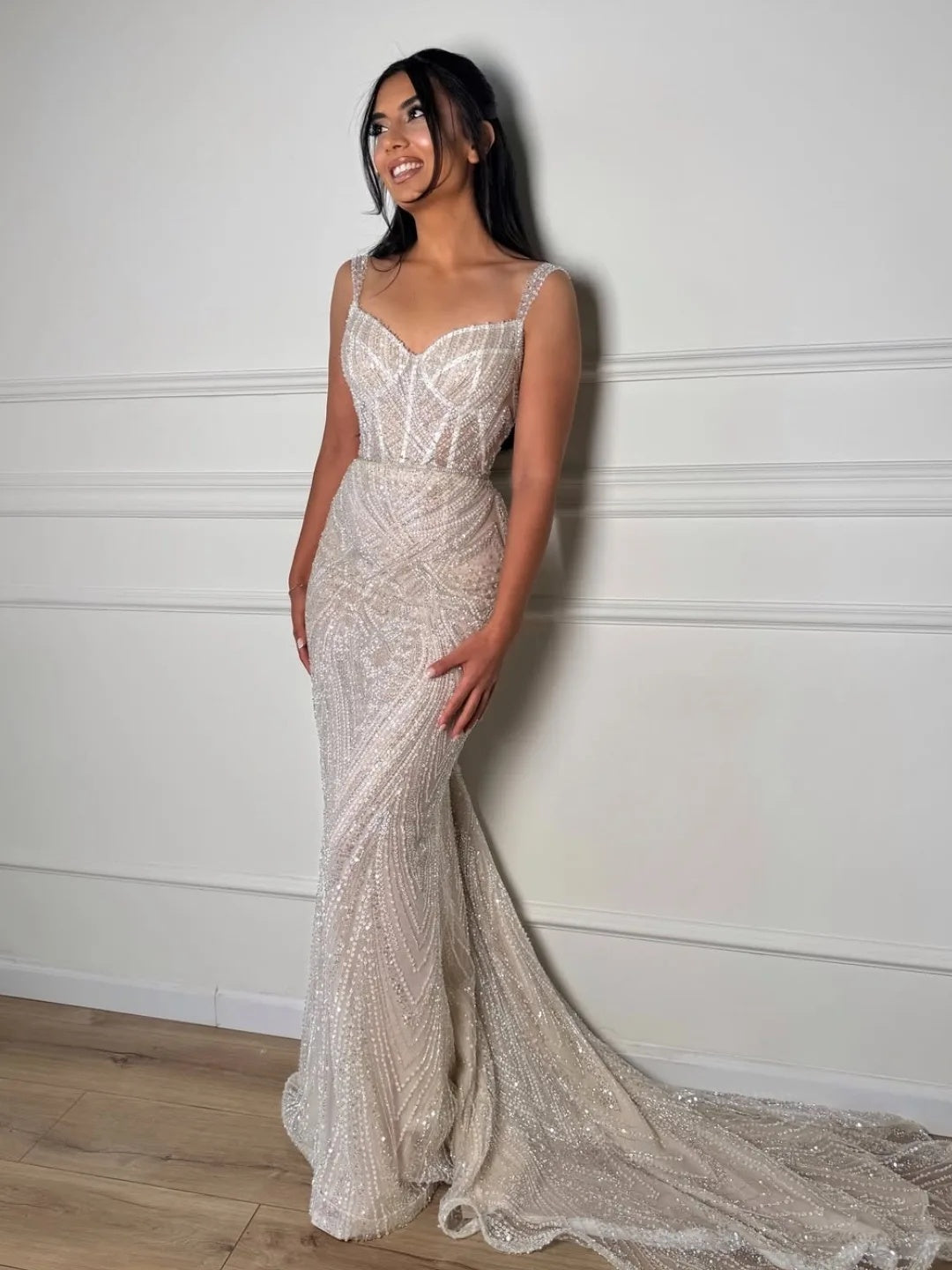 Sleeveless Spaghetti Straps Sequins Sparkle Mermaid Wedding Dress Floor-Length