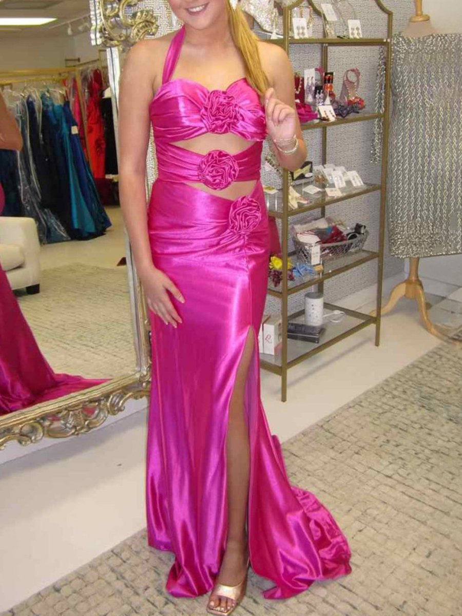Floral Applique Halter Fuchsia Mermaid Prom Dress with Cut-out
