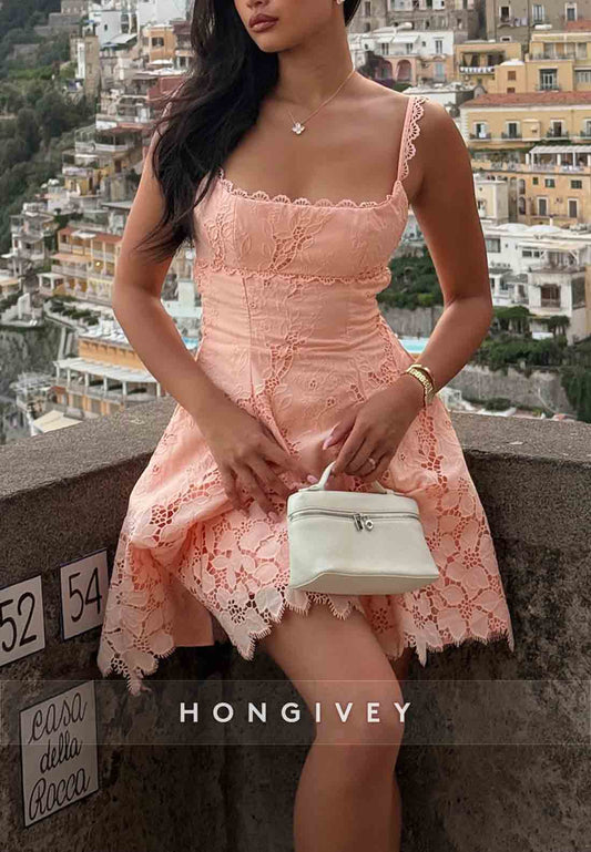 Coral Lace Scalloped Neck A-Line Sleeveless Short Homecoming Dresses