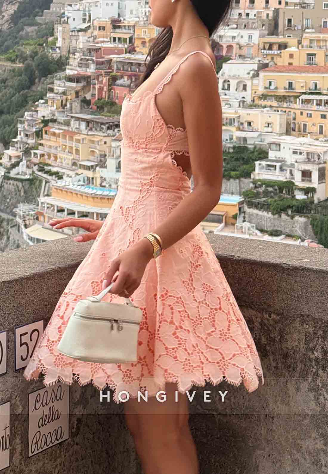 Coral Lace Scalloped Neck A-Line Sleeveless Short Homecoming Dresses