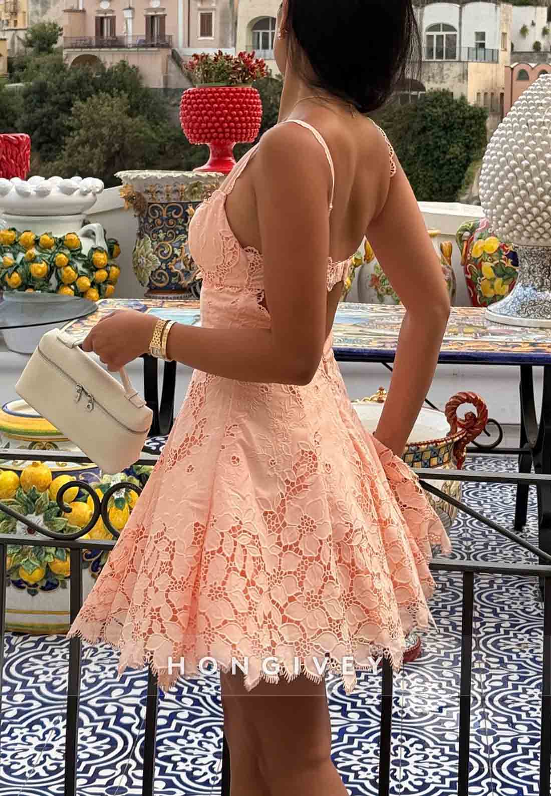 Coral Lace Scalloped Neck A-Line Sleeveless Short Homecoming Dresses
