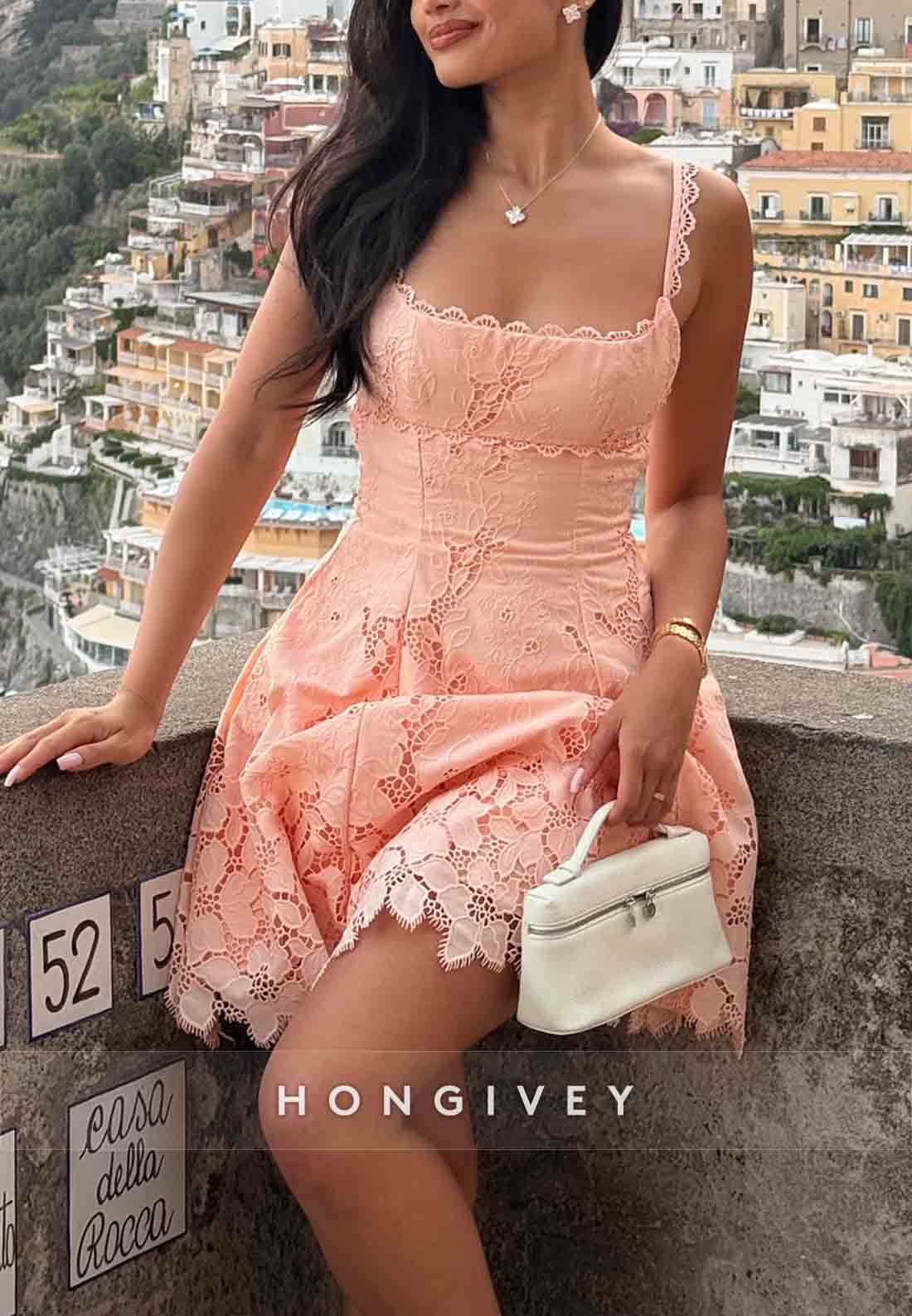 Coral Lace Scalloped Neck A-Line Sleeveless Short Homecoming Dresses