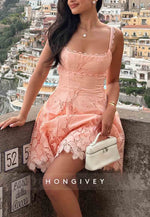 Coral Lace Scalloped Neck A-Line Sleeveless Short Homecoming Dresses
