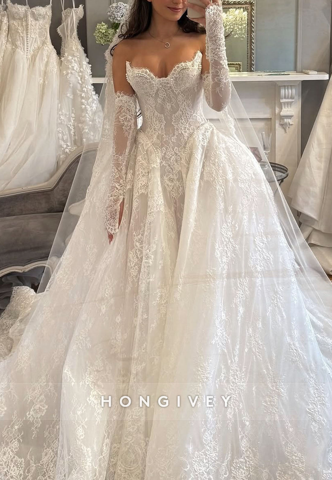 Lace Strapless Scalloped Neck Princess Empire Wedding Dresses