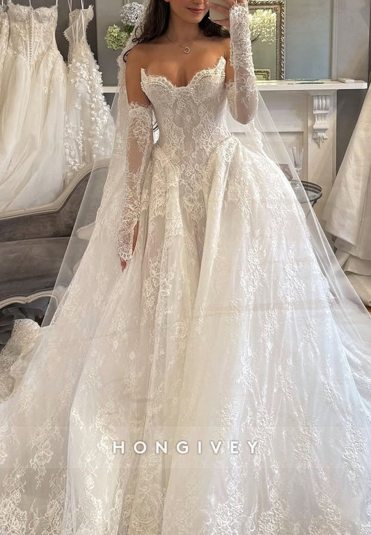 Lace Strapless Scalloped Neck Princess Empire Wedding Dresses