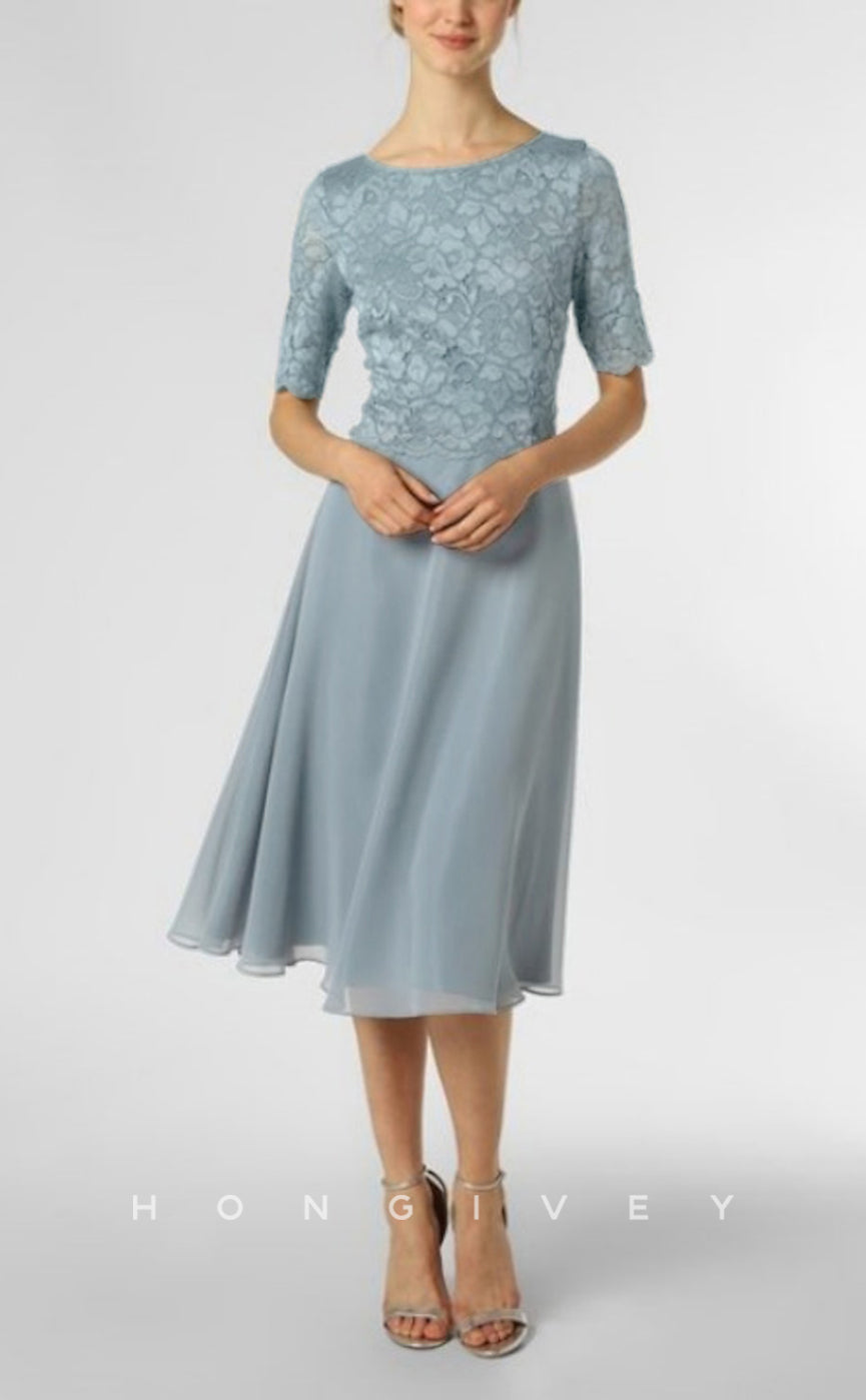 HM198 - Chic Scoop Half Sleeves Lace Applique Knee-Length Mother of the Bride Dress