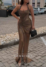 Halter Sleeveless Olive Green High Slit Pleated Floor-Length Glitter Prom Dresses