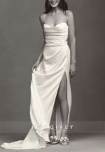 Strapless Floor-Length Satin Pleated Trumpet Wedding Dresses with Side Slit