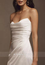 Strapless Floor-Length Satin Pleated Trumpet Wedding Dresses with Side Slit