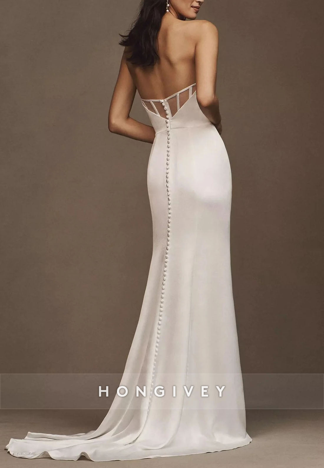 Strapless Floor-Length Satin Pleated Trumpet Wedding Dresses with Side Slit