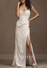 Strapless Floor-Length Satin Pleated Trumpet Wedding Dresses with Side Slit