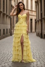A Line Spaghetti Straps Yellow Long Prom Dress with Ruffles