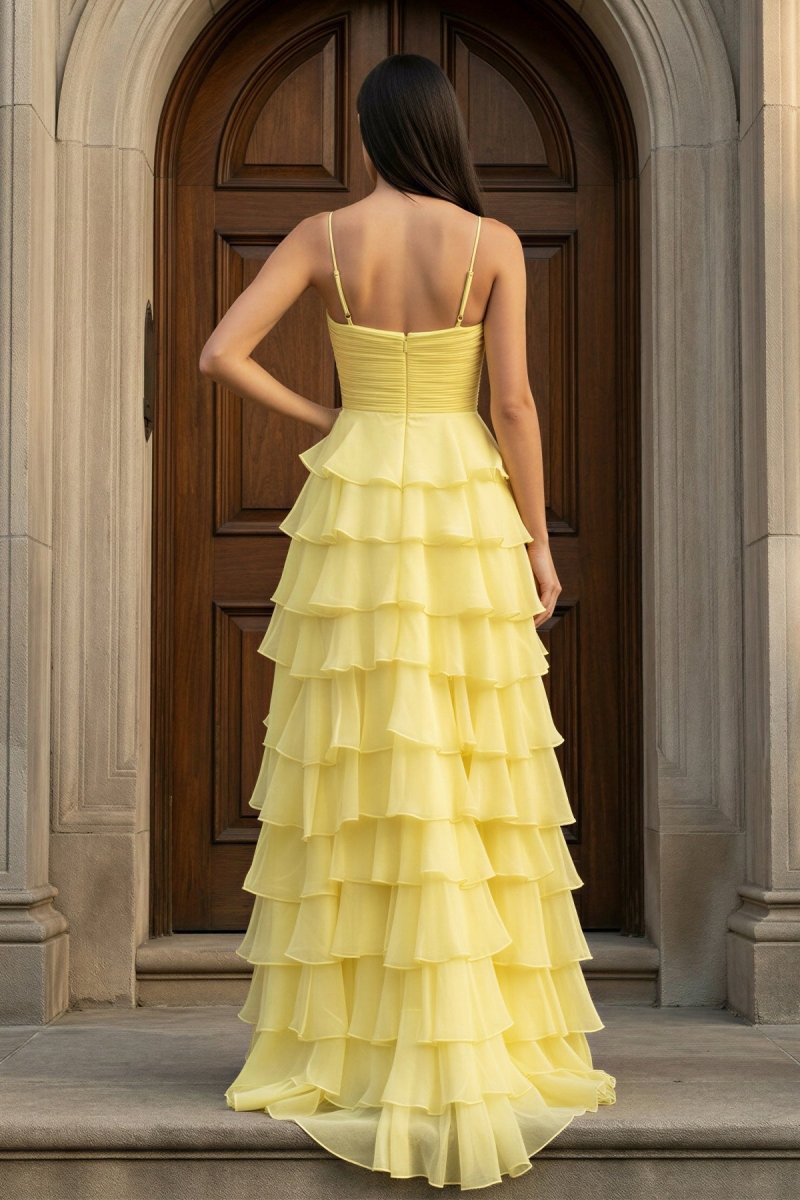 A Line Spaghetti Straps Yellow Long Prom Dress with Ruffles