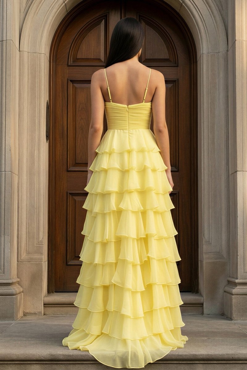 A Line Spaghetti Straps Yellow Long Prom Dress with Ruffles