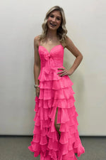 A Line Spaghetti Straps Yellow Long Prom Dress with Ruffles