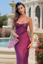 Magenta - Halter Sheath Satin Long Prom Dresses With Sequins