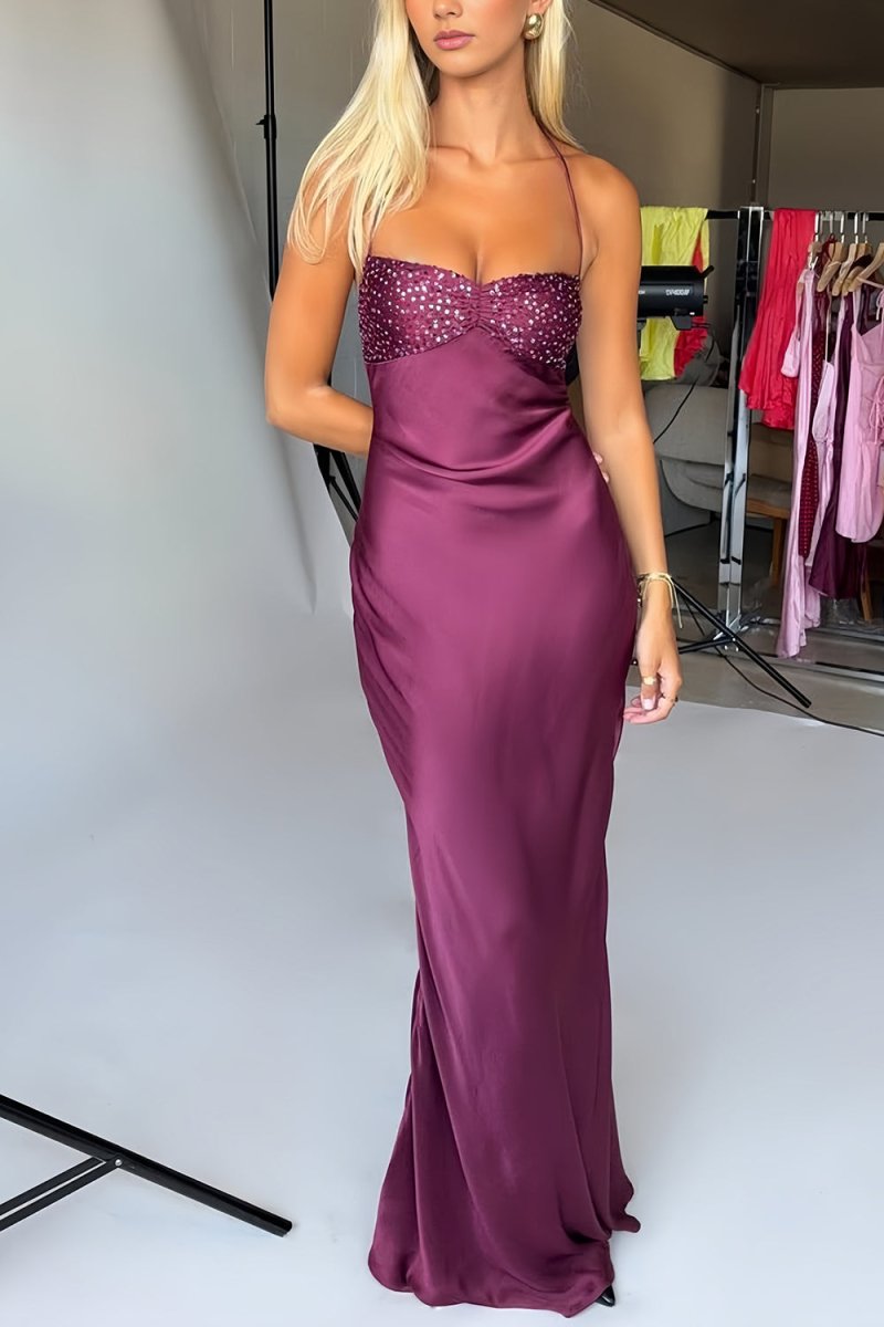 Magenta - Halter Sheath Satin Long Prom Dresses With Sequins