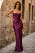 Magenta - Halter Sheath Satin Long Prom Dresses With Sequins