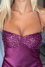 Magenta - Halter Sheath Satin Long Prom Dresses With Sequins