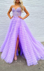 L2760 - Sweetheart Strapless Tulle A-Line Appliques With Side Slit Party Prom Evening Dress