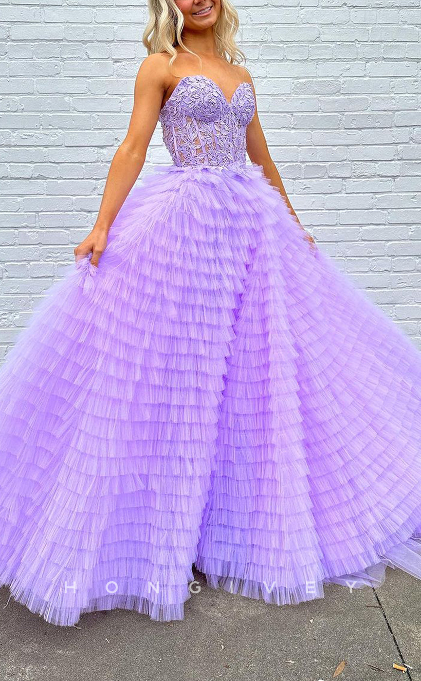 L2760 - Sweetheart Strapless Tulle A-Line Appliques With Side Slit Party Prom Evening Dress