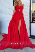 A-Line Sweetheart Ruched Long Prom Dresses with Court Train