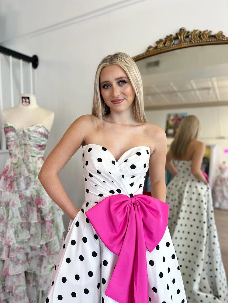 Polka Dot Sweetheart A-Line Bow Side Slit Sleeveless Prom Dress Floor-Length