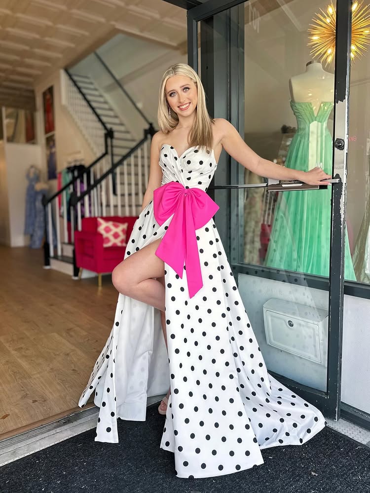 Polka Dot Sweetheart A-Line Bow Side Slit Sleeveless Prom Dress Floor-Length