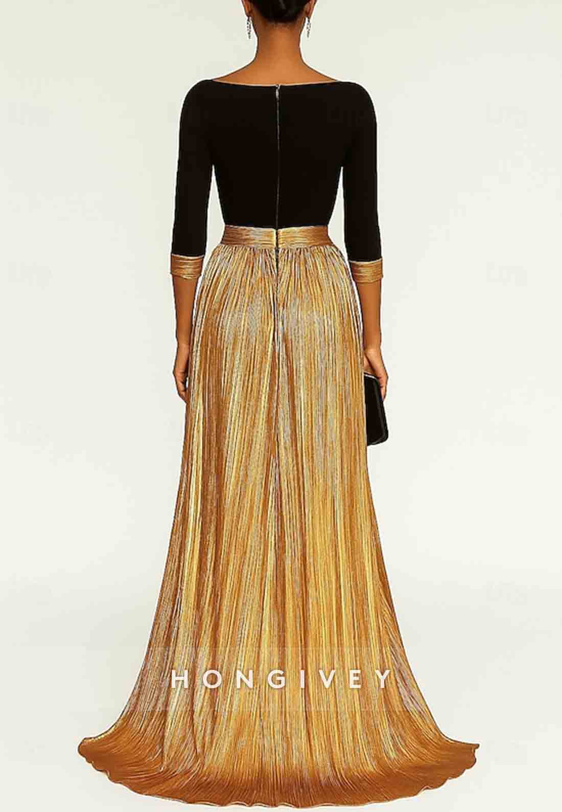 A-Line Black Gold Half Sleeves Floor Length Evening Gown with High Slit