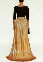 A-Line Black Gold Half Sleeves Floor Length Evening Gown with High Slit