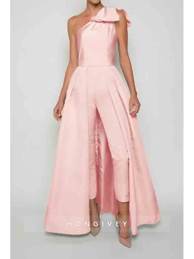 One Shoulder Bow Jumpsuit Detachable Evening Dress