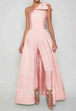 Sleeveless Jumpsuits Evening Gown Formal Wedding Guest One Shoulder Convertible Stretch Fabric with Bow(s) Pleats Overs