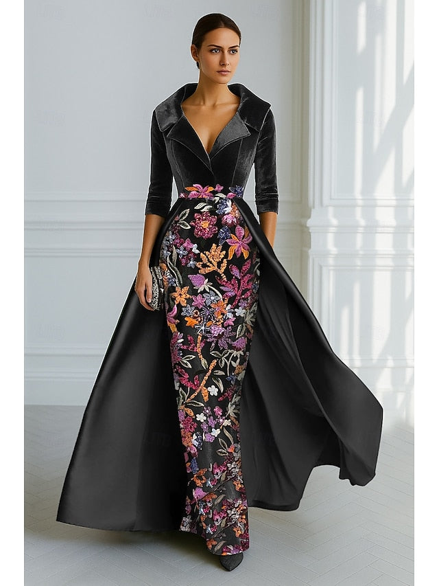 3/4 Sleeve V-Neck Flowers Floral Print Mermaid Evening Dress Floor-Length